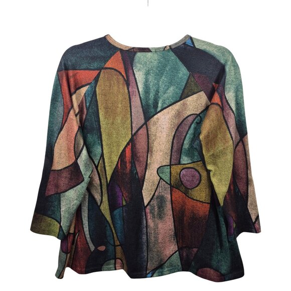 Jess & Jane Top Womens S Green Blouse 3/4 Sleeve French Brushed Knit Art To Wear - Picture 2 of 8